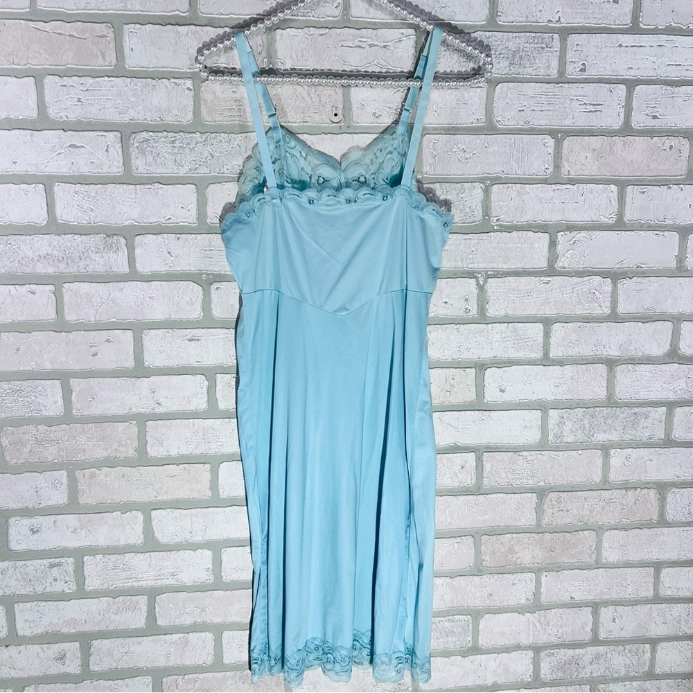 Vtg Heiress 1950s 1960s Turquoise Nylon Lace Trim Slip Dress Size 34 - Picture 12 of 16